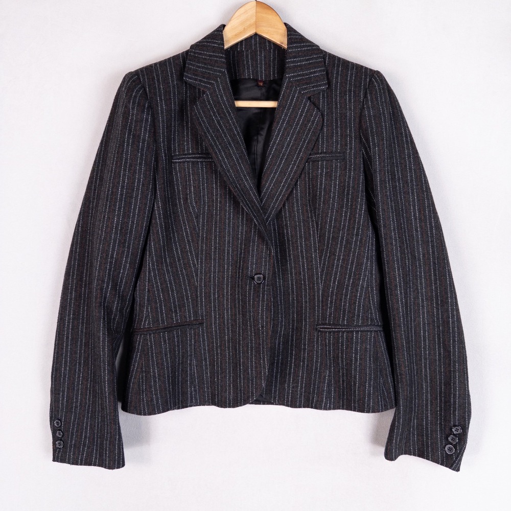 Peabody House Womens Blazer 11/12 Gray Pinstripe Wool Blend Dark Academia Vtg